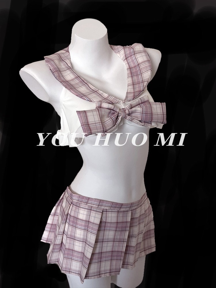 Bộ đồ ngủ đồng phục JK dễ thương kẻ caro màu hồng - 2