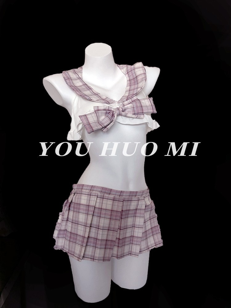 Bộ đồ ngủ đồng phục JK dễ thương kẻ caro màu hồng