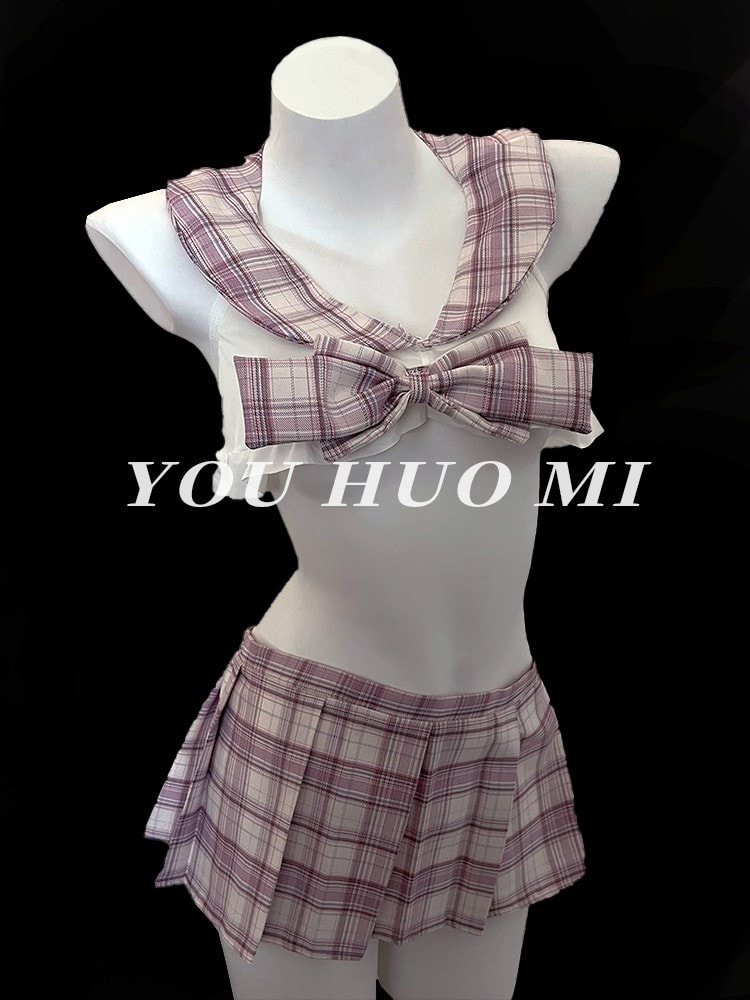 Bộ đồ ngủ đồng phục JK dễ thương kẻ caro màu hồng - 4