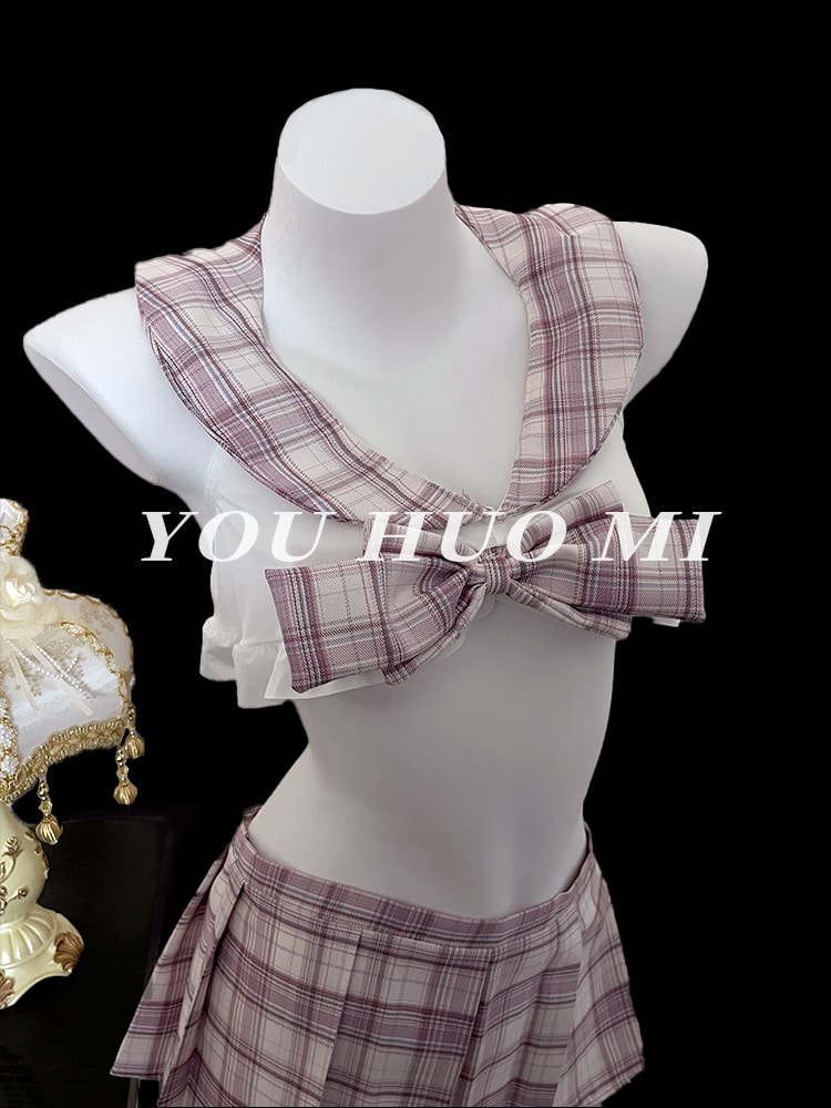 Bộ đồ ngủ đồng phục JK dễ thương kẻ caro màu hồng - 5