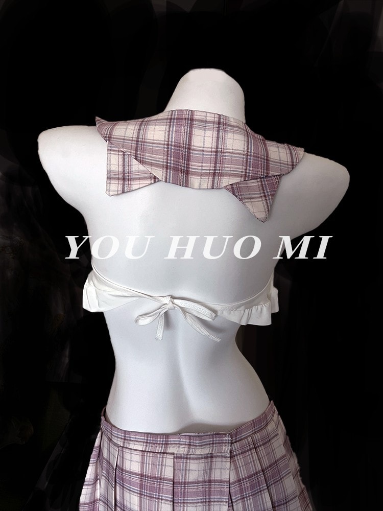 Bộ đồ ngủ đồng phục JK dễ thương kẻ caro màu hồng - 3