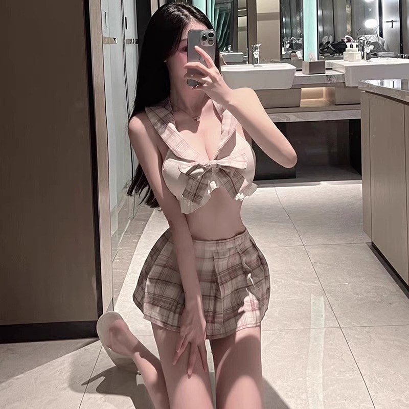 Bộ đồ ngủ đồng phục JK dễ thương kẻ caro màu hồng - 7