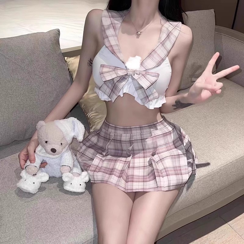 Bộ đồ ngủ đồng phục JK dễ thương kẻ caro màu hồng - 6